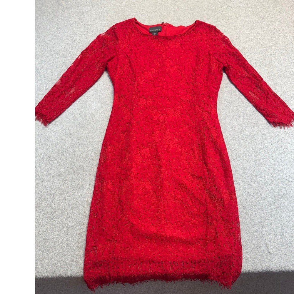 Covington Lace Sheath Dress Women Small Red Long Sleeve Eyelash Fringe Hem Party